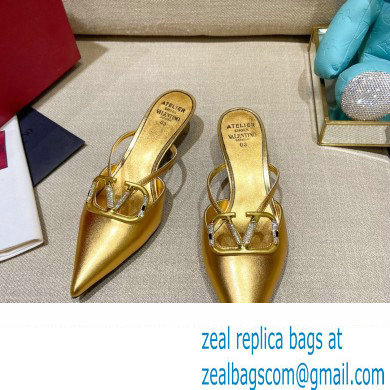 Valentino Crystal VLogo Signature Leather Heel Mules Gold 2022