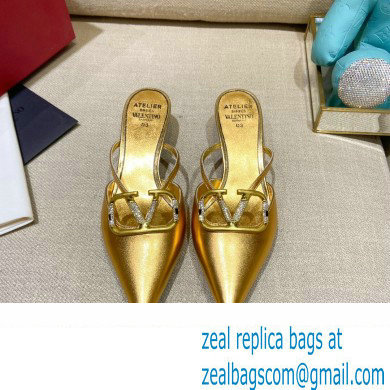 Valentino Crystal VLogo Signature Leather Heel Mules Gold 2022