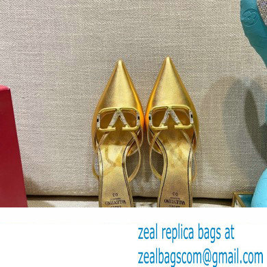 Valentino Crystal VLogo Signature Leather Heel Mules Gold 2022