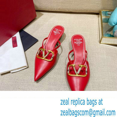 Valentino Crystal VLogo Signature Leather Heel Mules Red 2022
