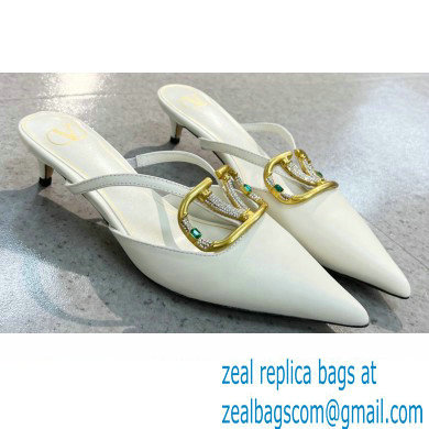 Valentino Heel 4cm Crystal VLogo Signature Calfskin Mules White