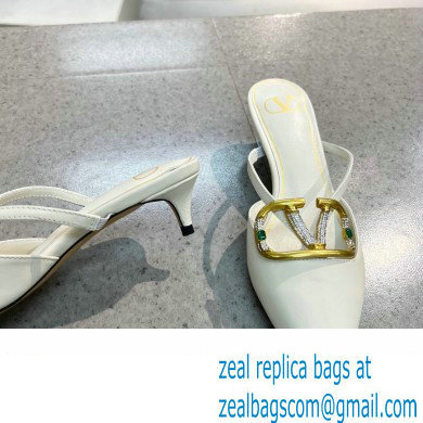 Valentino Heel 4cm Crystal VLogo Signature Calfskin Mules White