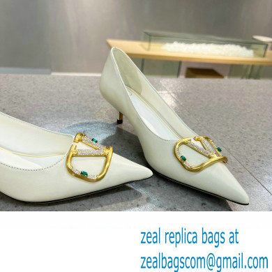 Valentino Heel 4cm Crystal VLogo Signature Calfskin Pumps White