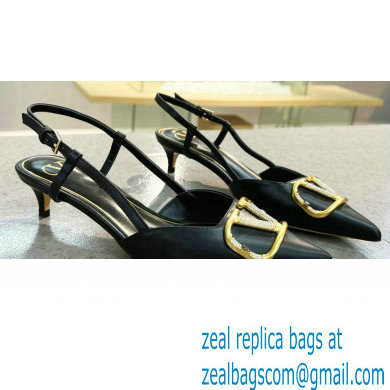 Valentino Heel 4cm Crystal VLogo Signature Calfskin Slingback Pumps Black