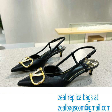 Valentino Heel 4cm Crystal VLogo Signature Calfskin Slingback Pumps Black