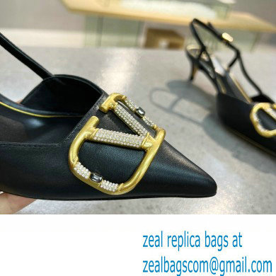 Valentino Heel 4cm Crystal VLogo Signature Calfskin Slingback Pumps Black