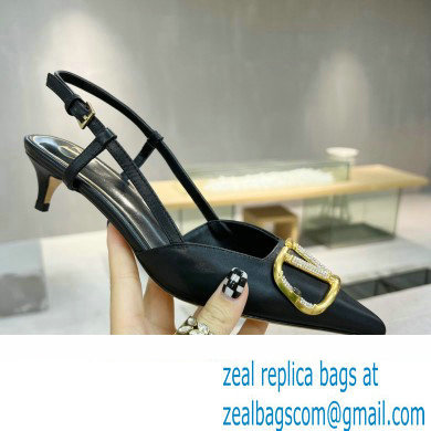 Valentino Heel 4cm Crystal VLogo Signature Calfskin Slingback Pumps Black