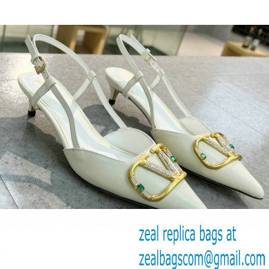 Valentino Heel 4cm Crystal VLogo Signature Calfskin Slingback Pumps White