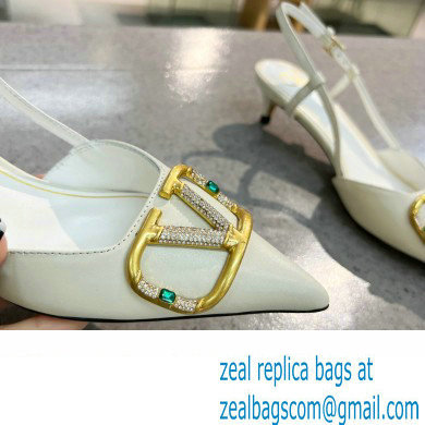 Valentino Heel 4cm Crystal VLogo Signature Calfskin Slingback Pumps White
