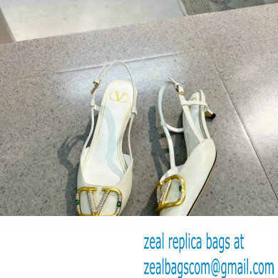 Valentino Heel 4cm Crystal VLogo Signature Calfskin Slingback Pumps White