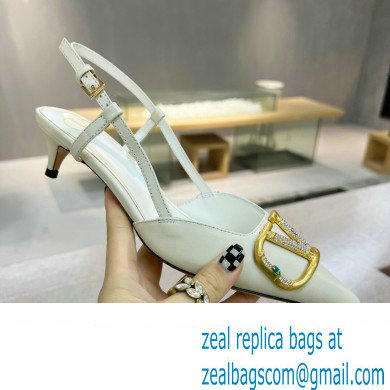 Valentino Heel 4cm Crystal VLogo Signature Calfskin Slingback Pumps White