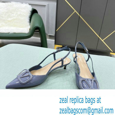 Valentino Heel 4cm VLogo Signature Patent Leather Slingback Pumps Dusty Blue