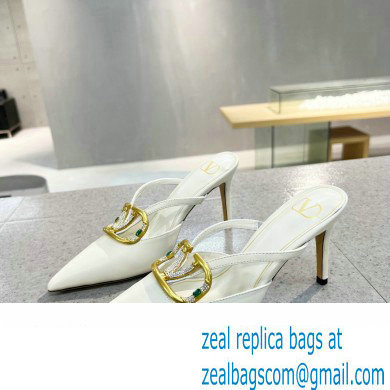 Valentino Heel 8cm Crystal VLogo Signature Calfskin Mules White