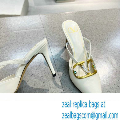 Valentino Heel 8cm Crystal VLogo Signature Calfskin Mules White