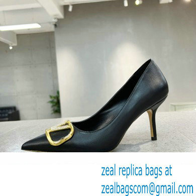 Valentino Heel 8cm Crystal VLogo Signature Calfskin Pumps Black