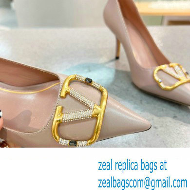 Valentino Heel 8cm Crystal VLogo Signature Calfskin Pumps Nude