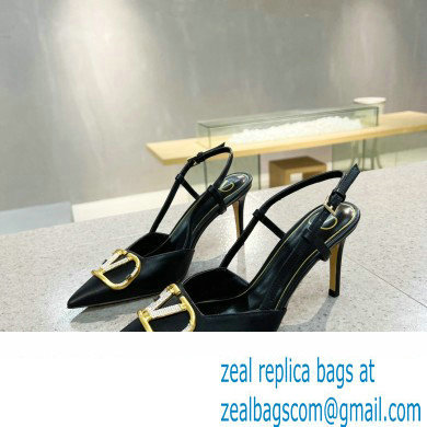 Valentino Heel 8cm Crystal VLogo Signature Calfskin Slingback Pumps Black