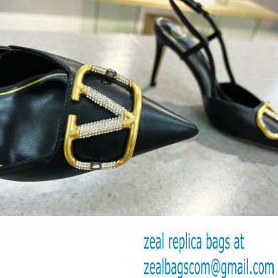 Valentino Heel 8cm Crystal VLogo Signature Calfskin Slingback Pumps Black