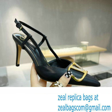 Valentino Heel 8cm Crystal VLogo Signature Calfskin Slingback Pumps Black