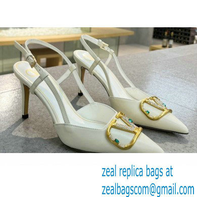 Valentino Heel 8cm Crystal VLogo Signature Calfskin Slingback Pumps White - Click Image to Close