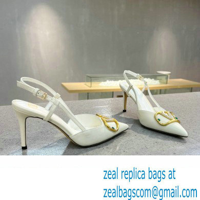 Valentino Heel 8cm Crystal VLogo Signature Calfskin Slingback Pumps White - Click Image to Close