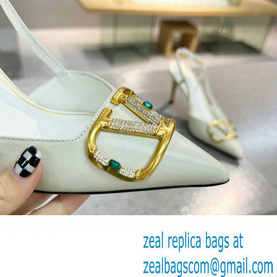 Valentino Heel 8cm Crystal VLogo Signature Calfskin Slingback Pumps White - Click Image to Close