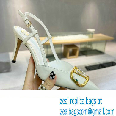 Valentino Heel 8cm Crystal VLogo Signature Calfskin Slingback Pumps White - Click Image to Close