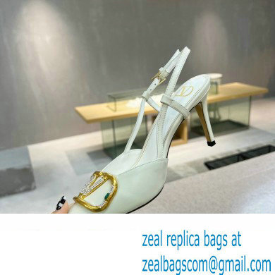 Valentino Heel 8cm Crystal VLogo Signature Calfskin Slingback Pumps White
