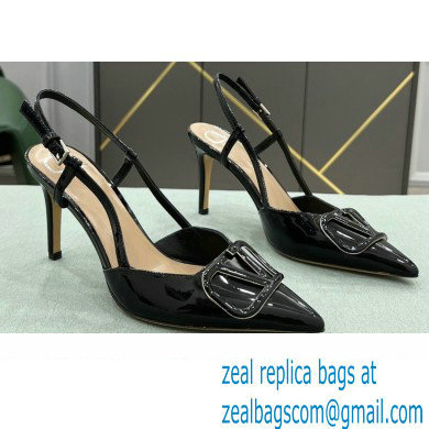 Valentino Heel 8cm VLogo Signature Patent Leather Slingback Pumps Black