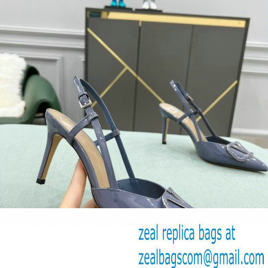 Valentino Heel 8cm VLogo Signature Patent Leather Slingback Pumps Dusty Blue