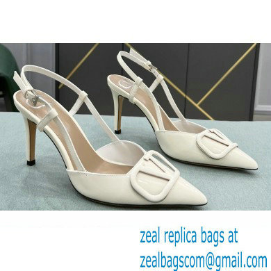 Valentino Heel 8cm VLogo Signature Patent Leather Slingback Pumps White