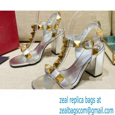 Valentino Heel 9cm Roman Stud Calfskin sandals Silver 2022 - Click Image to Close