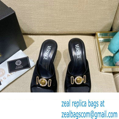 Versace Icon Crysatl Medusa Medallion Heel Mules Satin Black 2022 - Click Image to Close