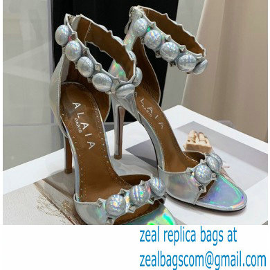 Alaia Heel 10.5cm Studs Bombe Sandals Leather Rainbow Silver