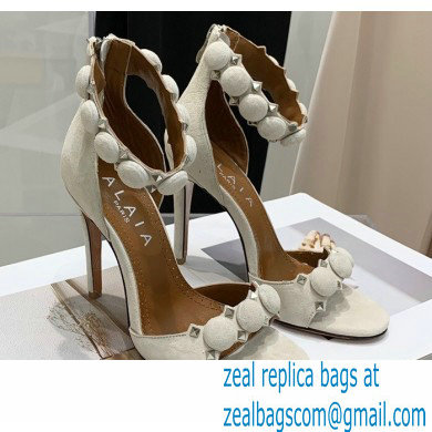 Alaia Heel 10.5cm Studs Bombe Sandals Suede White - Click Image to Close