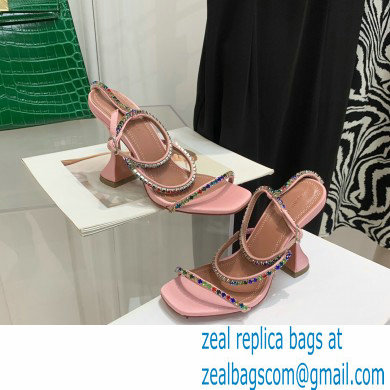 Amina Muaddi Heel 9.5cm Crystals Gilda Sandals Satin Pink 2022 - Click Image to Close
