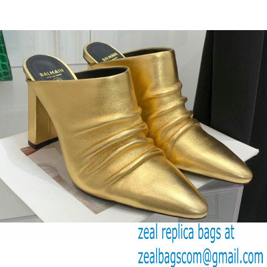 Balmain Heel 9.5cm Draped Leather Ulla Mules Gold 2022 - Click Image to Close