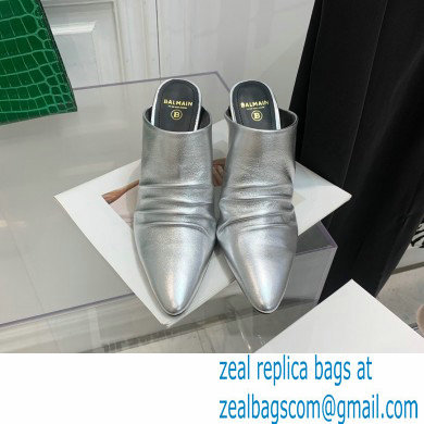 Balmain Heel 9.5cm Draped Leather Ulla Mules Silver 2022 - Click Image to Close