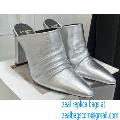 Balmain Heel 9.5cm Draped Leather Ulla Mules Silver 2022