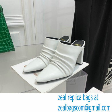 Balmain Heel 9.5cm Draped Leather Ulla Mules White 2022 - Click Image to Close