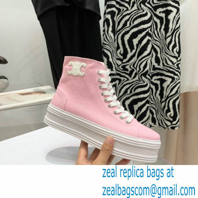 Celine Jane High Lace-up Sneakers In Canvas And Calfskin Pink 2022