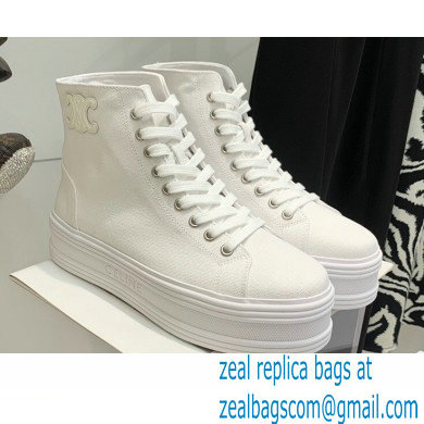 Celine Jane High Lace-up Sneakers In Canvas And Calfskin White 2022 - Click Image to Close