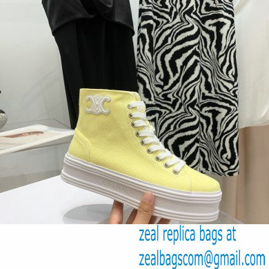 Celine Jane High Lace-up Sneakers In Canvas And Calfskin Yellow 2022 - Click Image to Close