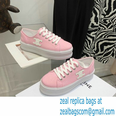 Celine Jane Low Lace-up Sneakers In Canvas And Calfskin Pink 2022 - Click Image to Close