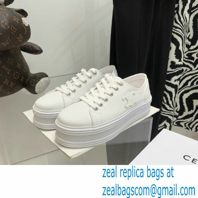 Celine Jane Low Lace-up Sneakers In Canvas And Calfskin White 2022 - Click Image to Close