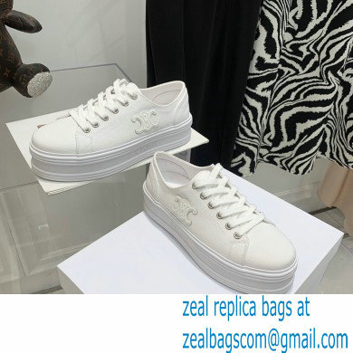 Celine Jane Low Lace-up Sneakers In Canvas And Calfskin White 2022 - Click Image to Close