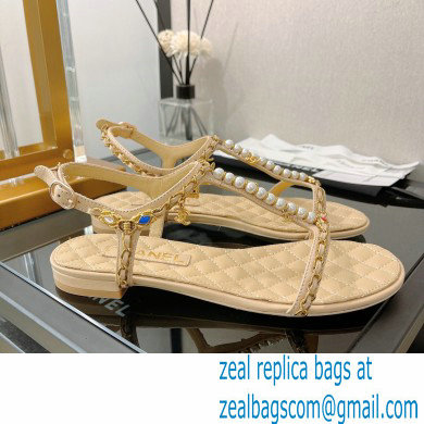 Chanel Chain Lambskin and Jewelry Flat Sandals G38916 Beige 2022