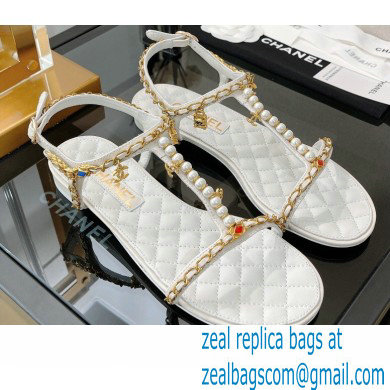 Chanel Chain Lambskin and Jewelry Flat Sandals G38916 White 2022