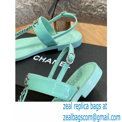 Chanel Chain Patent Calfskin Flat Thong Sandals G38221 Light Green 2022