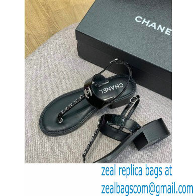Chanel Chain Patent Calfskin Heel Thong Sandals G38200 Black 2022